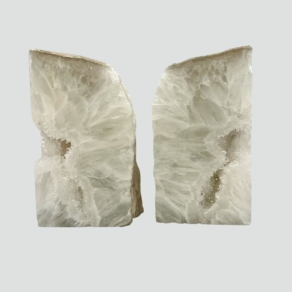 Agate Bookends, Druzy, Geode Center, White, Gray Layers, Cream Banding (RE) - Picture 4 of 10